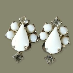 Vintage 1950s Mid Century Milk Glass Rhinestone Clip Earrings